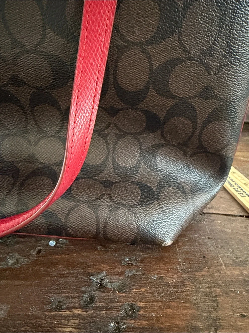 Coach Brown Signature Tote with Red Trim and Gold Hardware